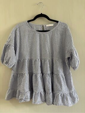 Ces Femme Blue White Striped Tiered Babydoll Top Large 100% Cotton Puff Sleeve